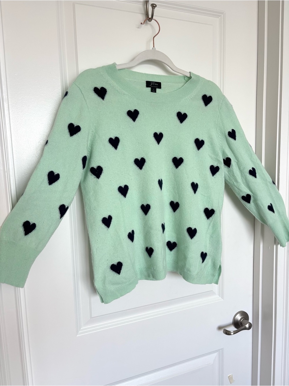 J.Crew 100% Cashmere Mint Green Black Heart Sweater Crewneck L Coquette